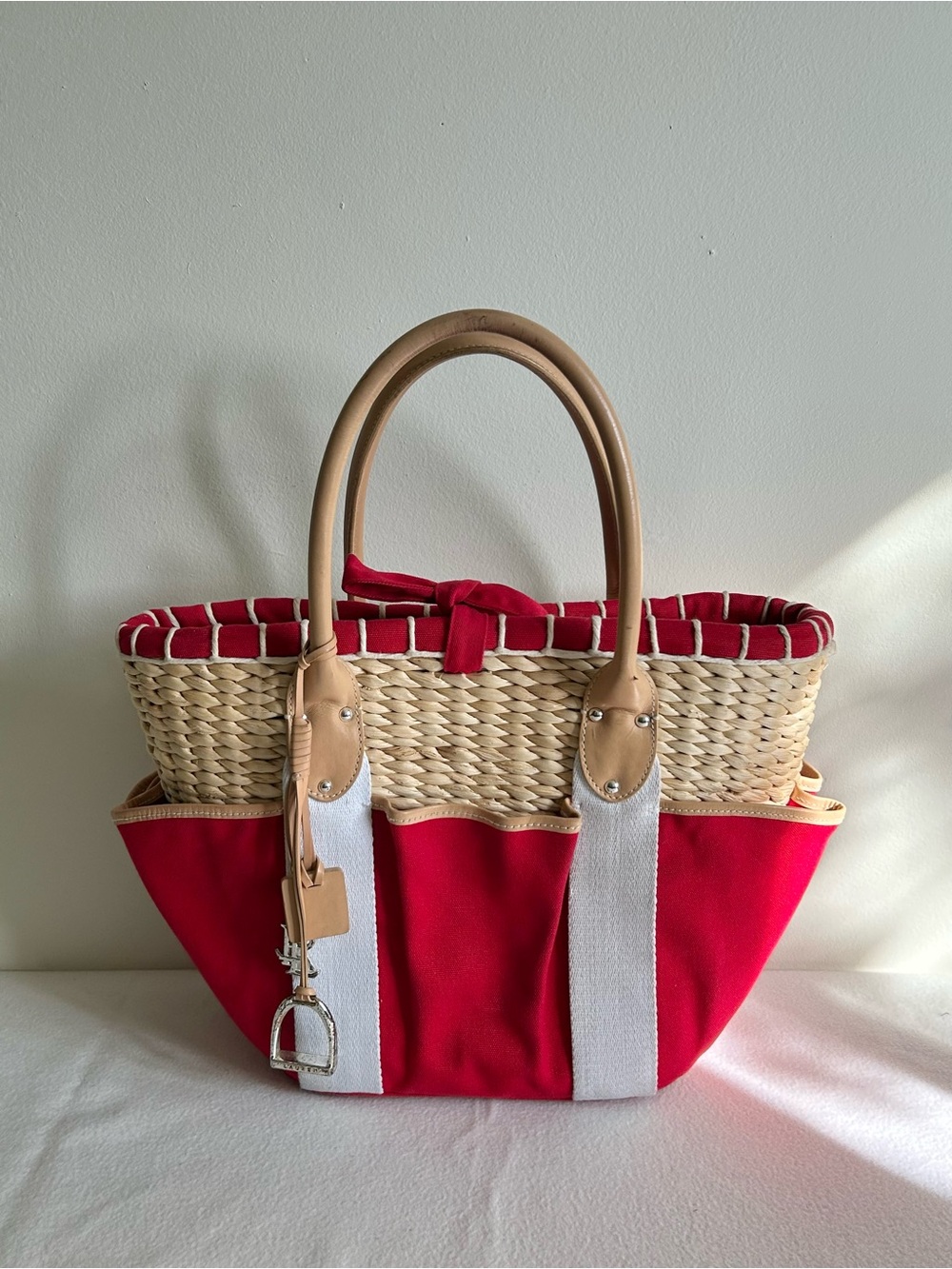 Lauren Ralph Lauren Straw Handbag, offwhite and red canvas, Leather handles
